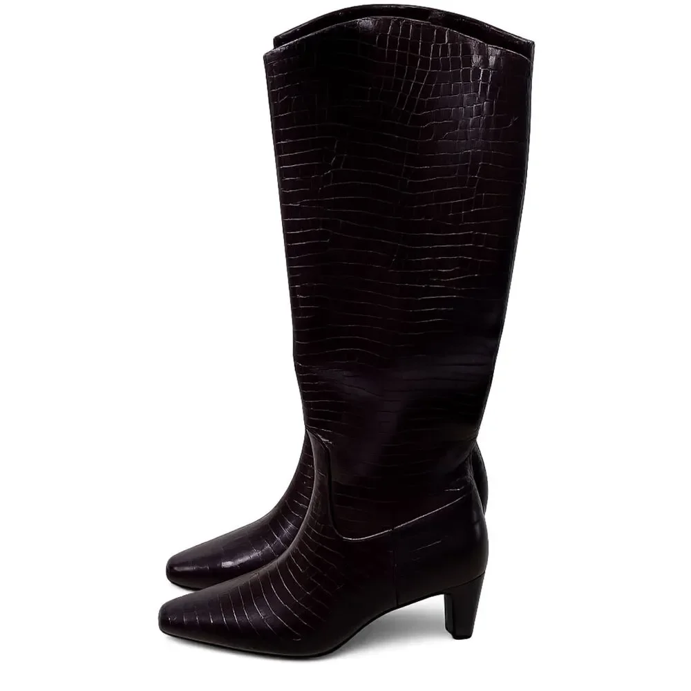 Splendid Jett Knee High Boots Burgundy Croc Embossed Side Zip Size 7.5